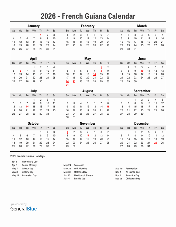 Year 2026 Simple Calendar With Holidays in French Guiana