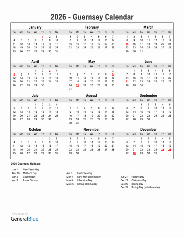 Year 2026 Simple Calendar With Holidays in Guernsey