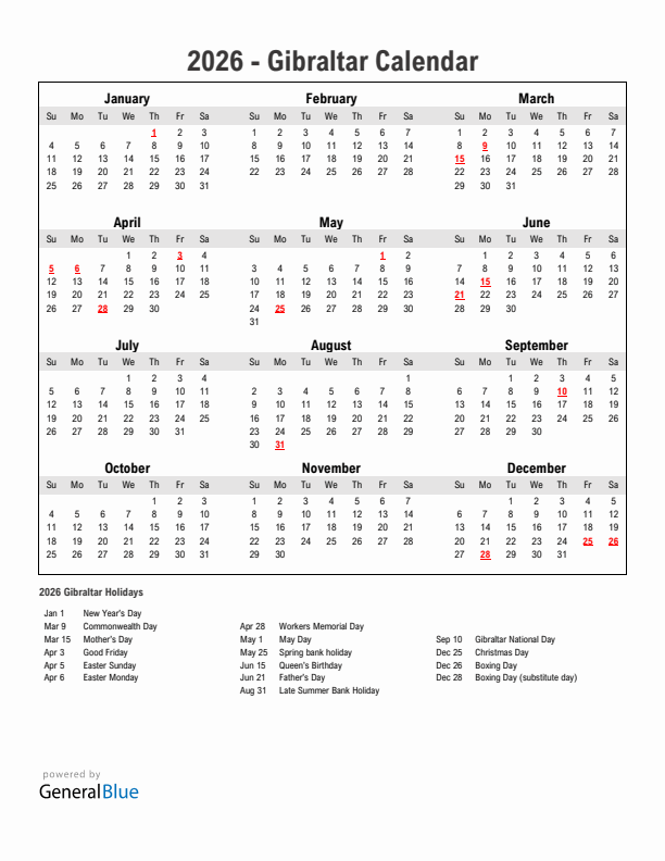 Year 2026 Simple Calendar With Holidays in Gibraltar