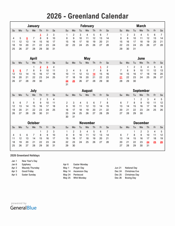 Year 2026 Simple Calendar With Holidays in Greenland