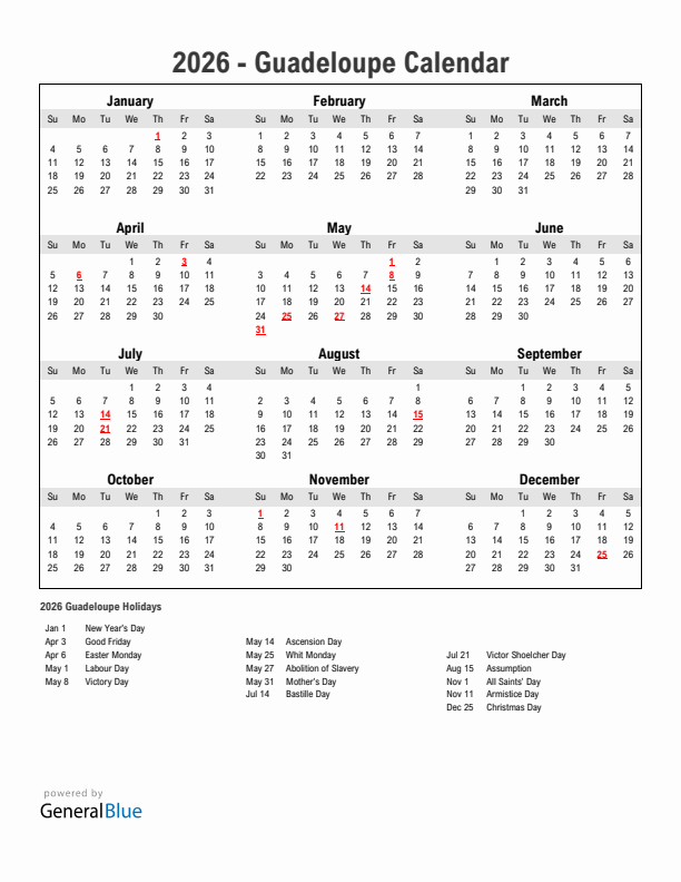 Year 2026 Simple Calendar With Holidays in Guadeloupe