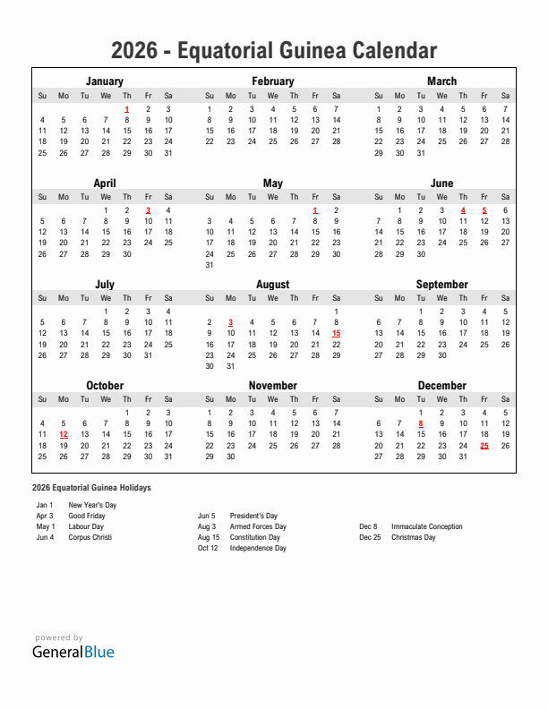 Year 2026 Simple Calendar With Holidays in Equatorial Guinea