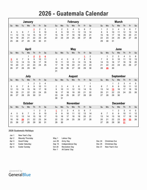 Year 2026 Simple Calendar With Holidays in Guatemala