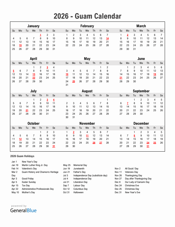 Year 2026 Simple Calendar With Holidays in Guam