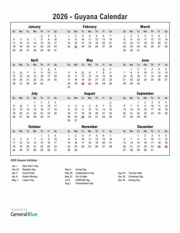Year 2026 Simple Calendar With Holidays in Guyana