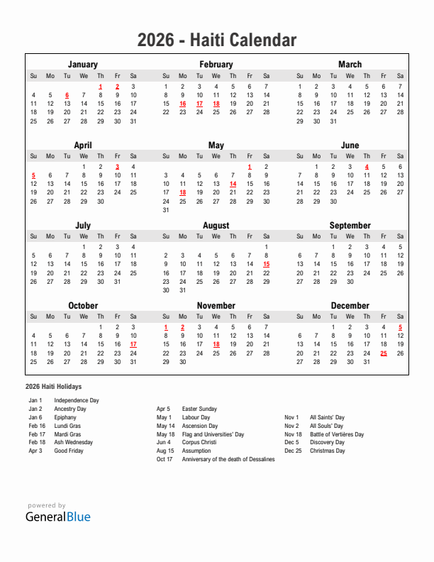 Year 2026 Simple Calendar With Holidays in Haiti