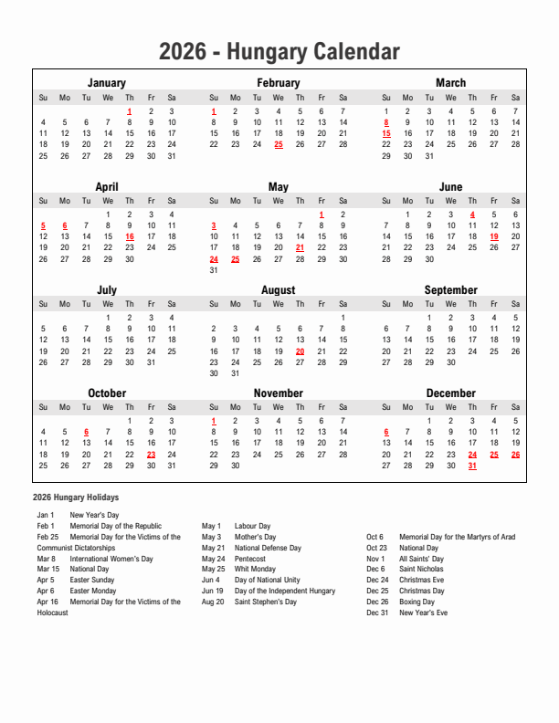 Year 2026 Simple Calendar With Holidays in Hungary