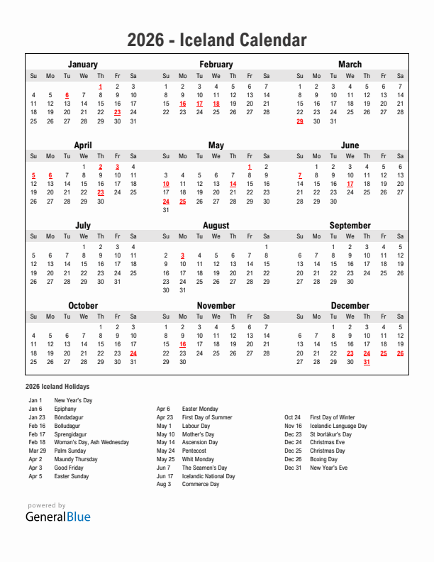 Year 2026 Simple Calendar With Holidays in Iceland
