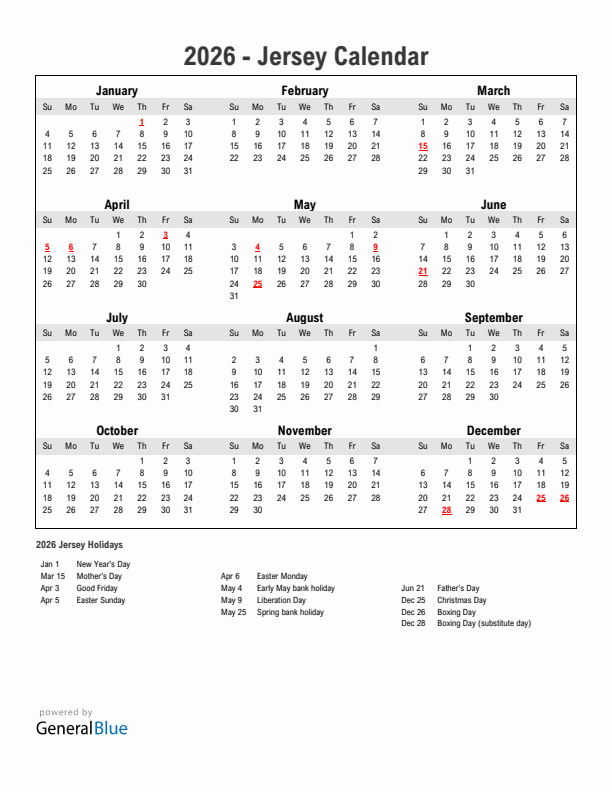 Year 2026 Simple Calendar With Holidays in Jersey