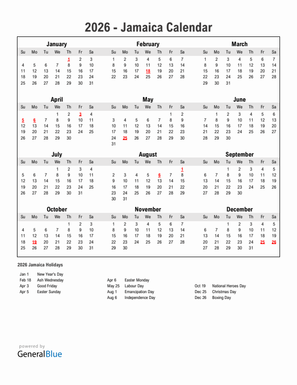 Year 2026 Simple Calendar With Holidays in Jamaica