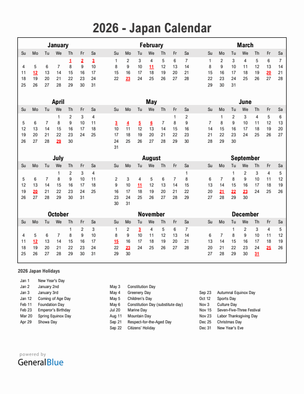 2026 Japan Calendar with Holidays