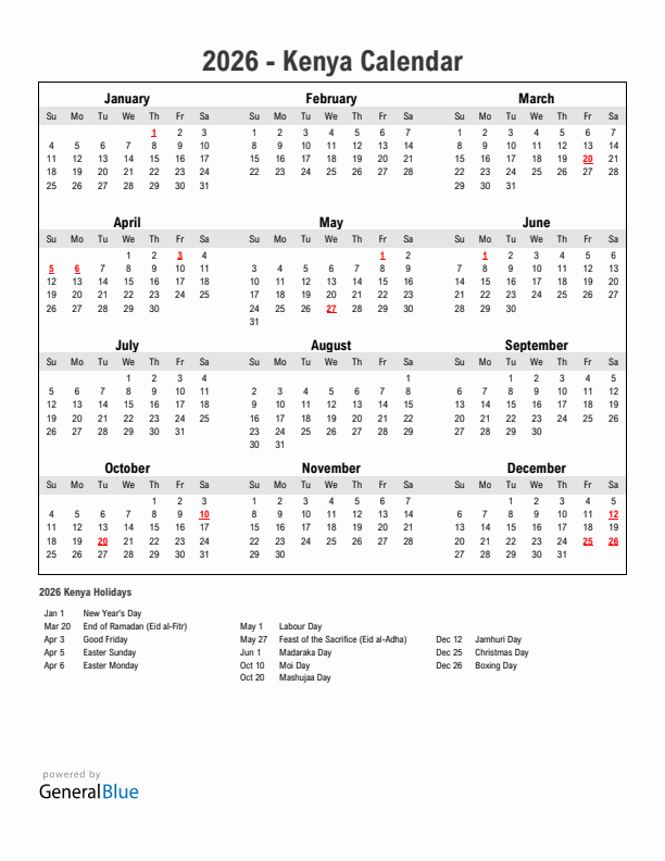 Year 2026 Simple Calendar With Holidays in Kenya