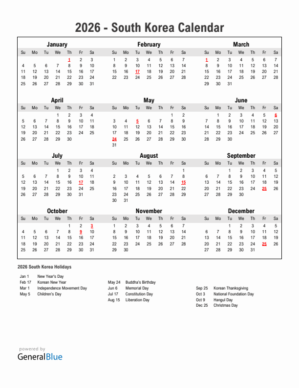 Year 2026 Simple Calendar With Holidays in South Korea
