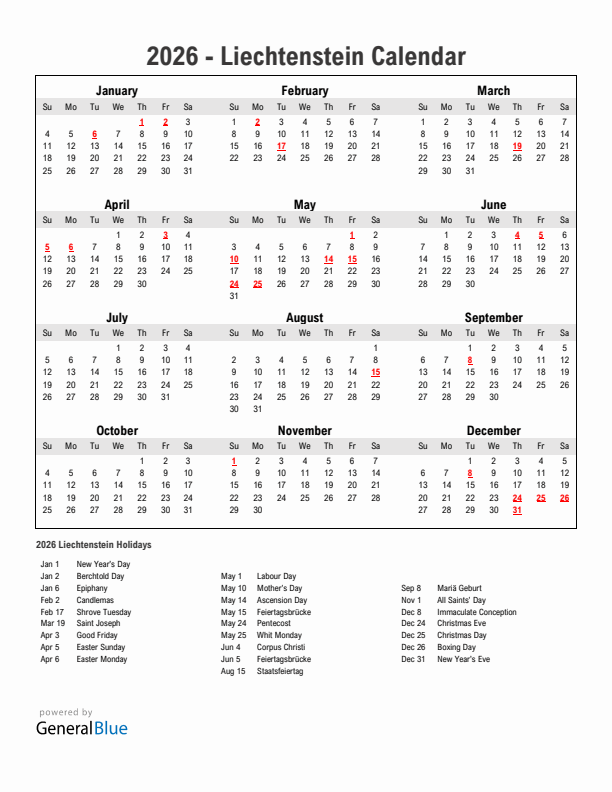 Year 2026 Simple Calendar With Holidays in Liechtenstein