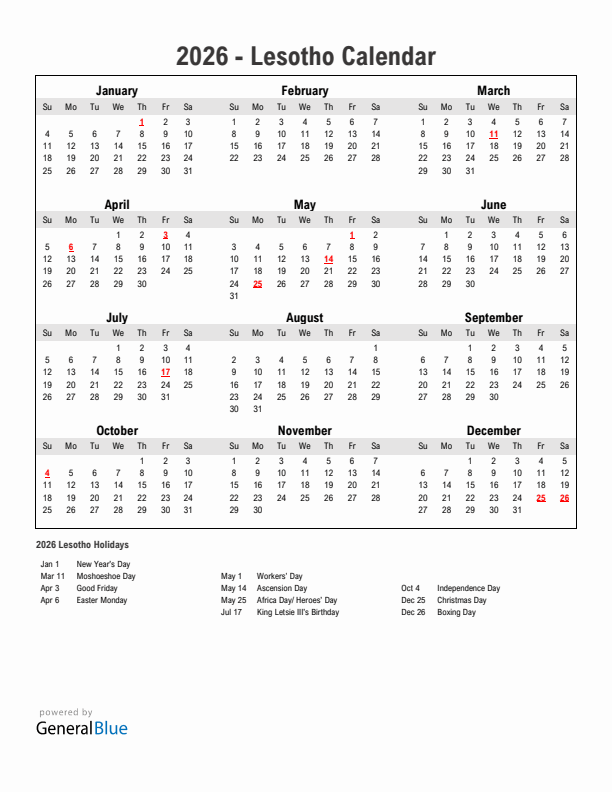 Year 2026 Simple Calendar With Holidays in Lesotho