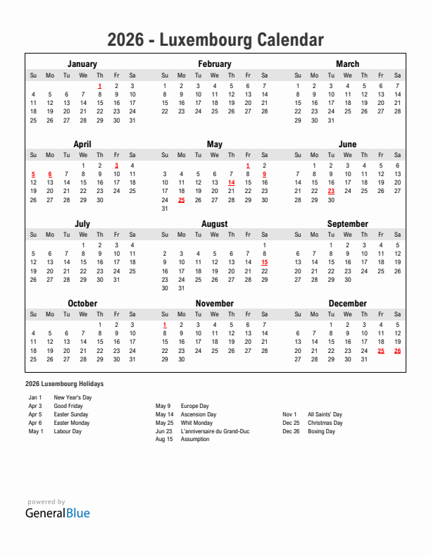 Year 2026 Simple Calendar With Holidays in Luxembourg