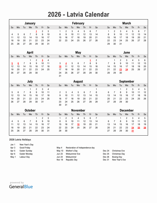 Year 2026 Simple Calendar With Holidays in Latvia