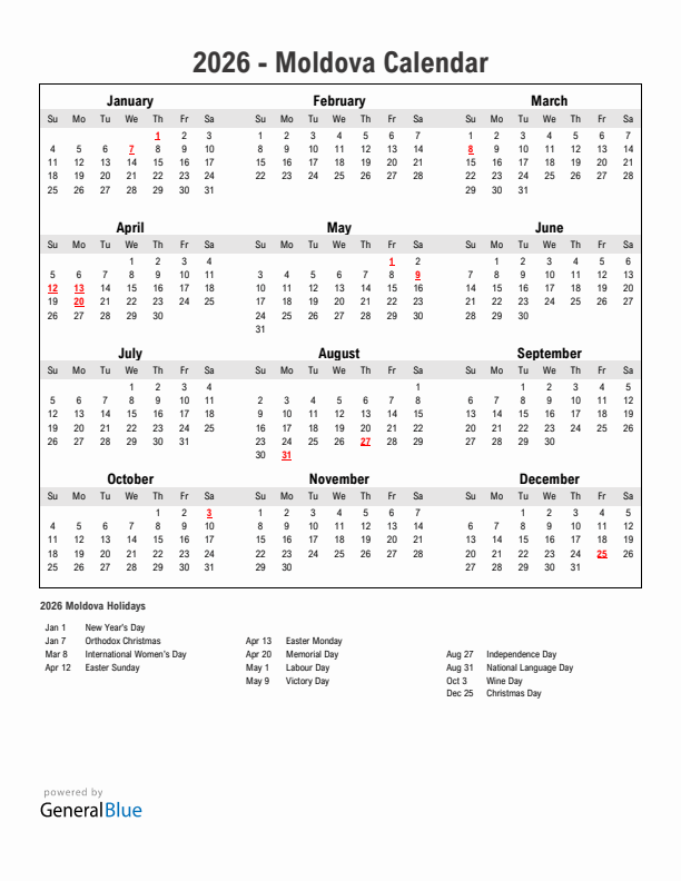 Year 2026 Simple Calendar With Holidays in Moldova