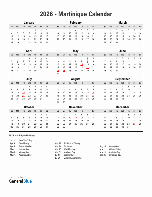 Year 2026 Simple Calendar With Holidays in Martinique