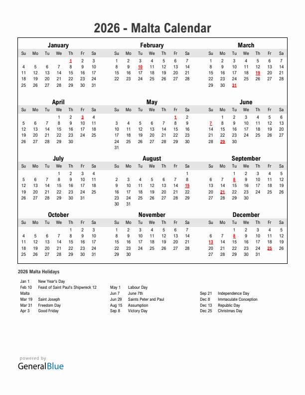 Year 2026 Simple Calendar With Holidays in Malta