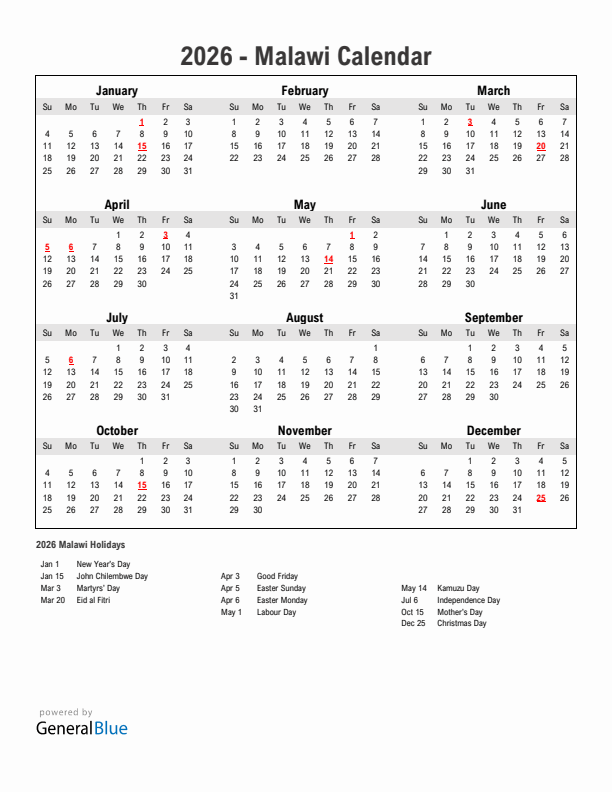 Year 2026 Simple Calendar With Holidays in Malawi
