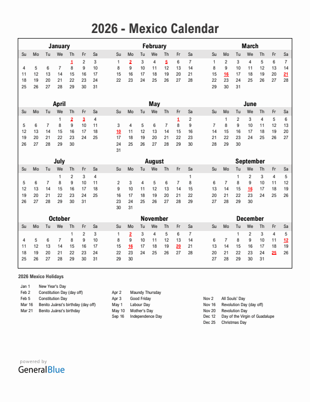 Year 2026 Simple Calendar With Holidays in Mexico