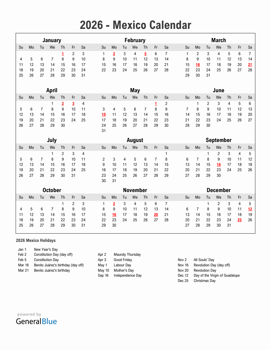 Year 2026 Simple Calendar With Holidays in Mexico