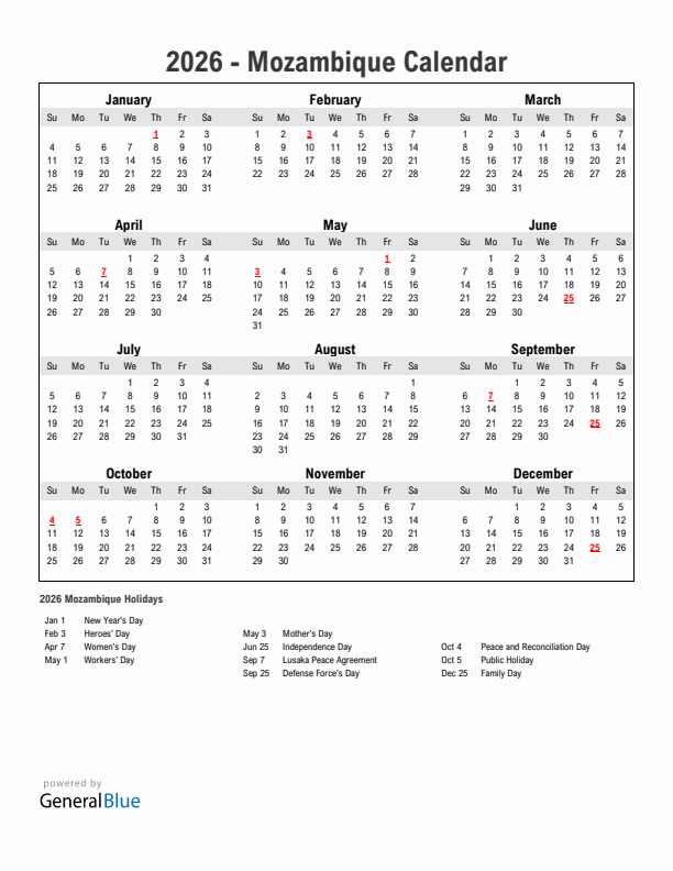 Year 2026 Simple Calendar With Holidays in Mozambique