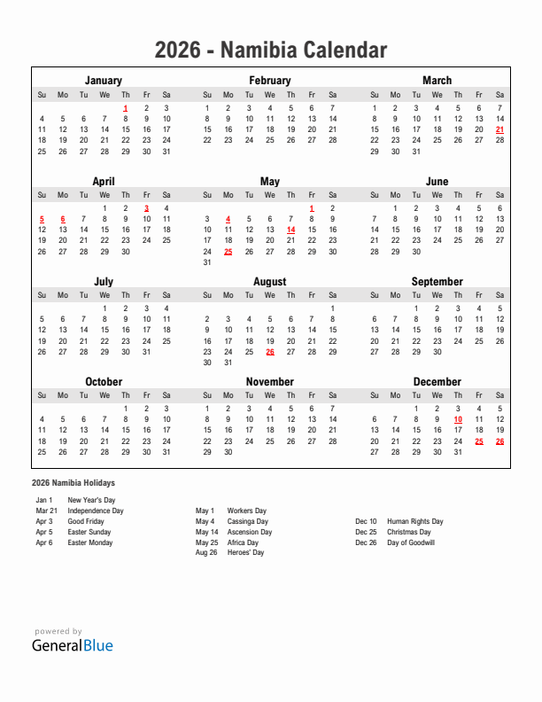 Year 2026 Simple Calendar With Holidays in Namibia