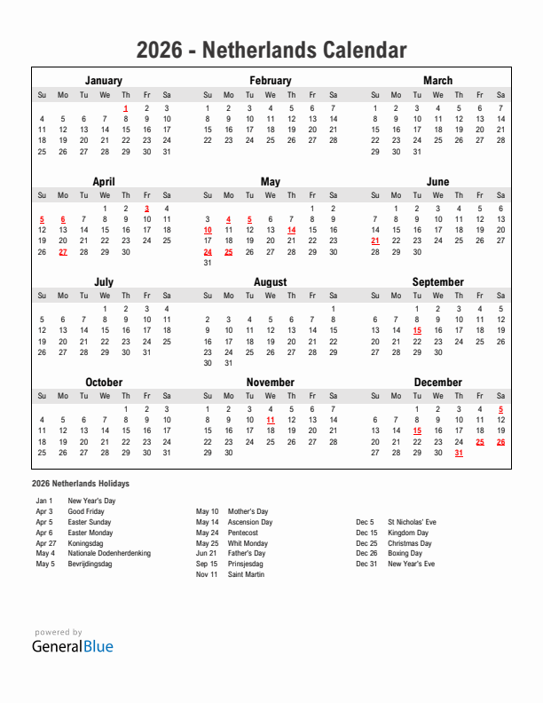 Year 2026 Simple Calendar With Holidays in The Netherlands