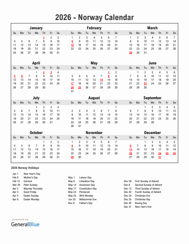 Year 2026 Simple Calendar With Holidays in Norway