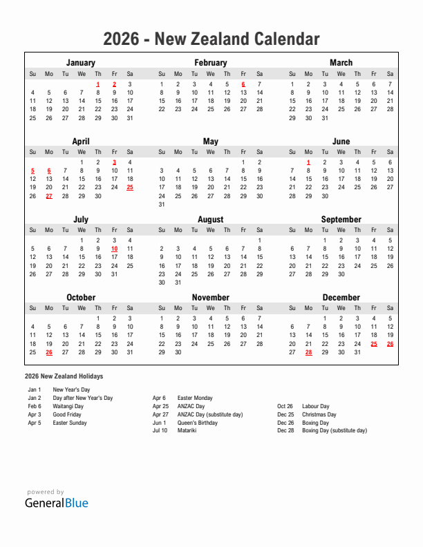Year 2026 Simple Calendar With Holidays in New Zealand