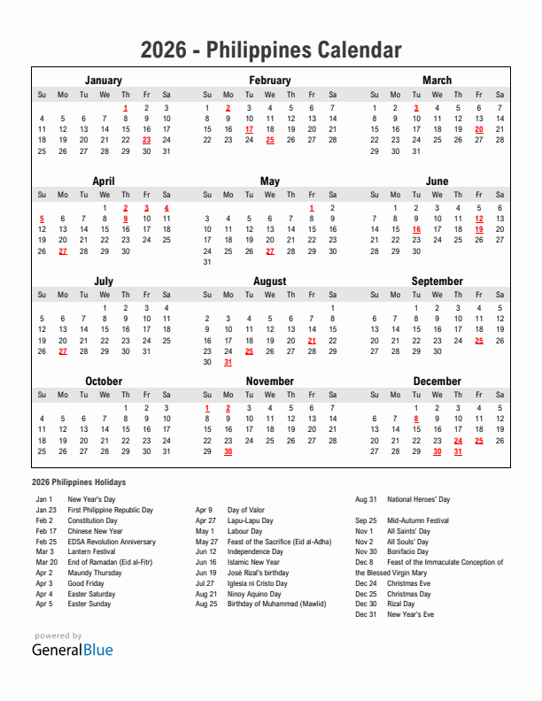 Year 2026 Simple Calendar With Holidays in Philippines