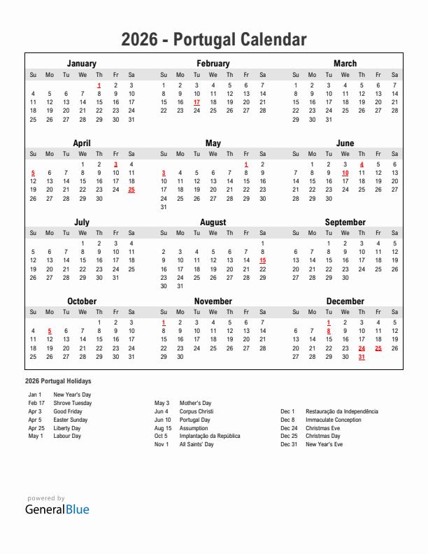Year 2026 Simple Calendar With Holidays in Portugal