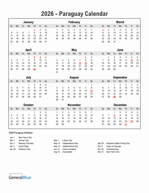 Year 2026 Simple Calendar With Holidays in Paraguay