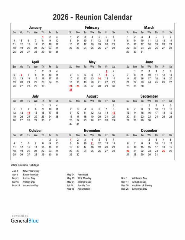 Year 2026 Simple Calendar With Holidays in Reunion