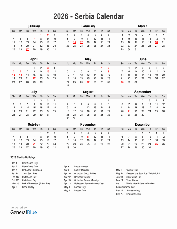 Year 2026 Simple Calendar With Holidays in Serbia