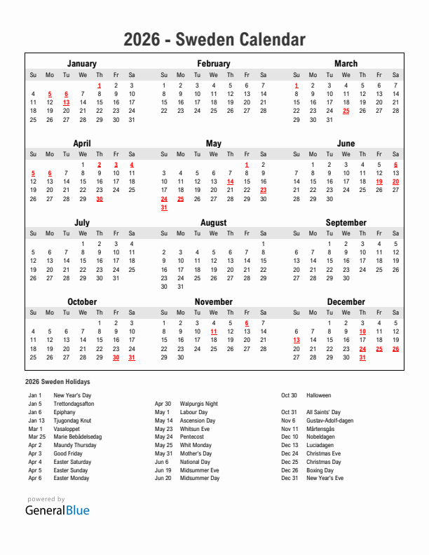 Year 2026 Simple Calendar With Holidays in Sweden