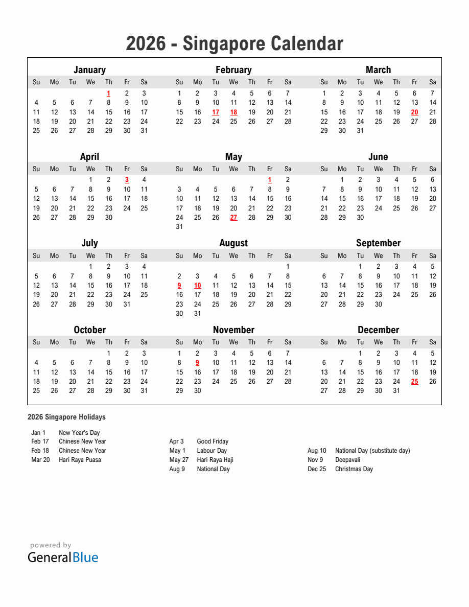 Year 2026 Simple Calendar With Holidays in Singapore