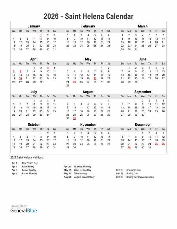 Year 2026 Simple Calendar With Holidays in Saint Helena