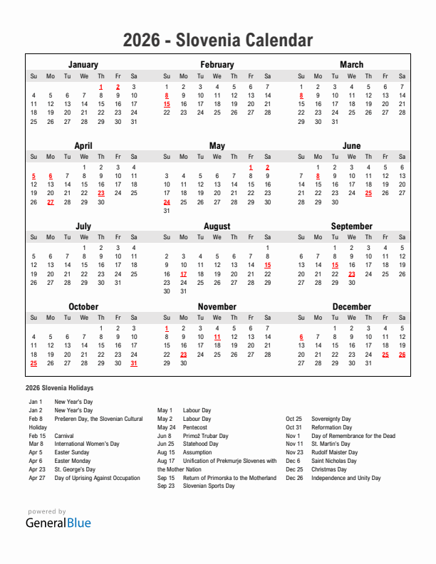 Year 2026 Simple Calendar With Holidays in Slovenia