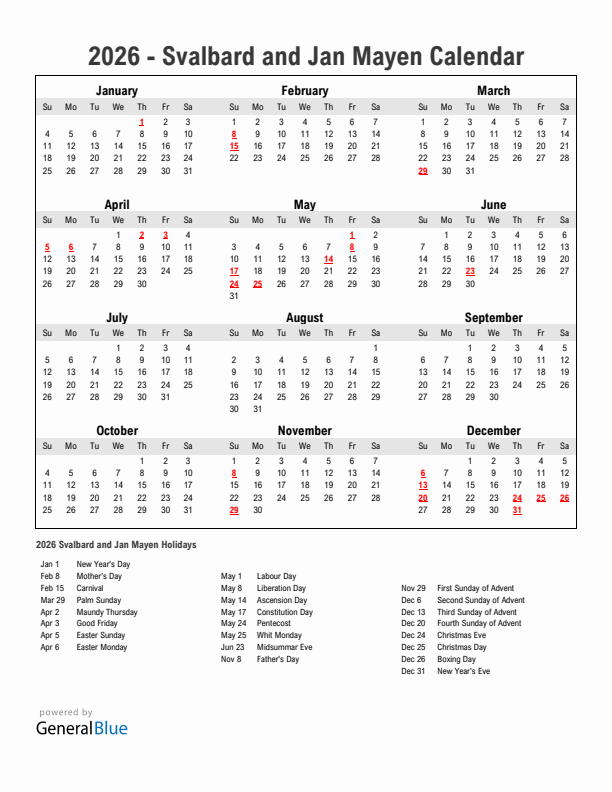 Year 2026 Simple Calendar With Holidays in Svalbard and Jan Mayen
