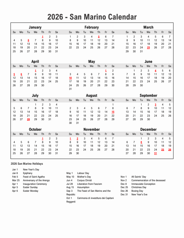 Year 2026 Simple Calendar With Holidays in San Marino