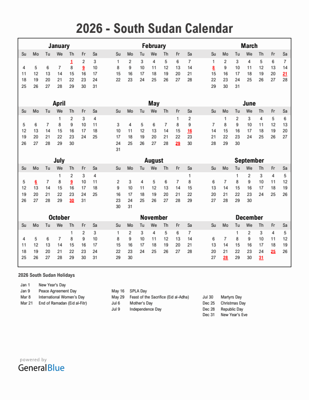 Year 2026 Simple Calendar With Holidays in South Sudan