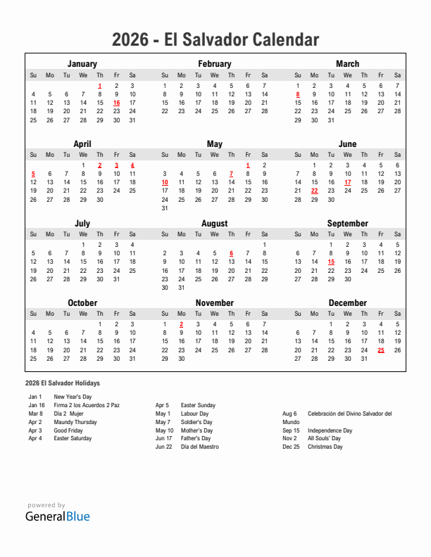Year 2026 Simple Calendar With Holidays in El Salvador
