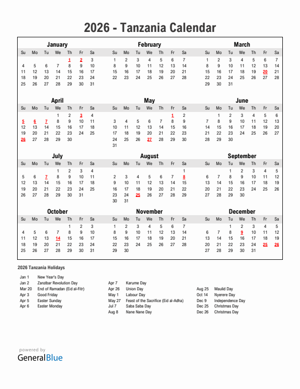 Year 2026 Simple Calendar With Holidays in Tanzania