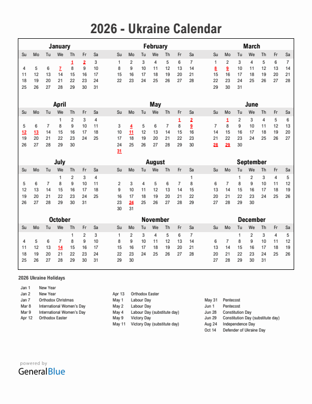 Year 2026 Simple Calendar With Holidays in Ukraine