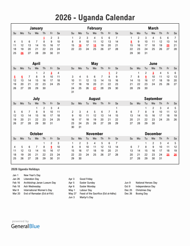 Year 2026 Simple Calendar With Holidays in Uganda