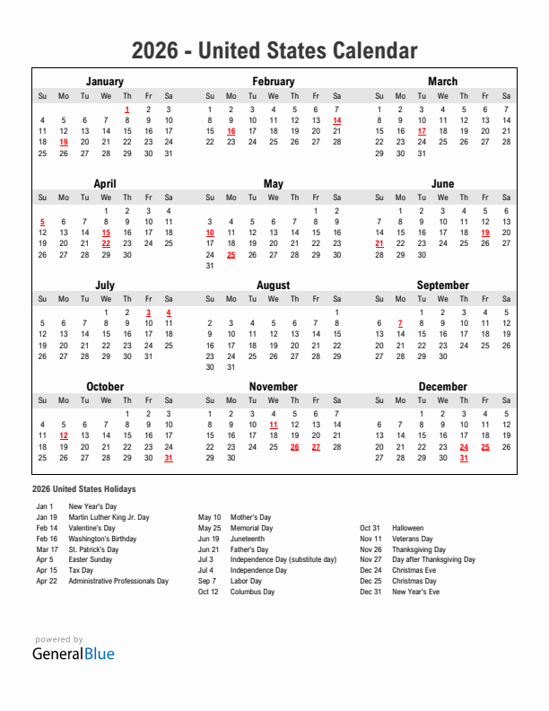 Year 2026 Simple Calendar With Holidays in United States