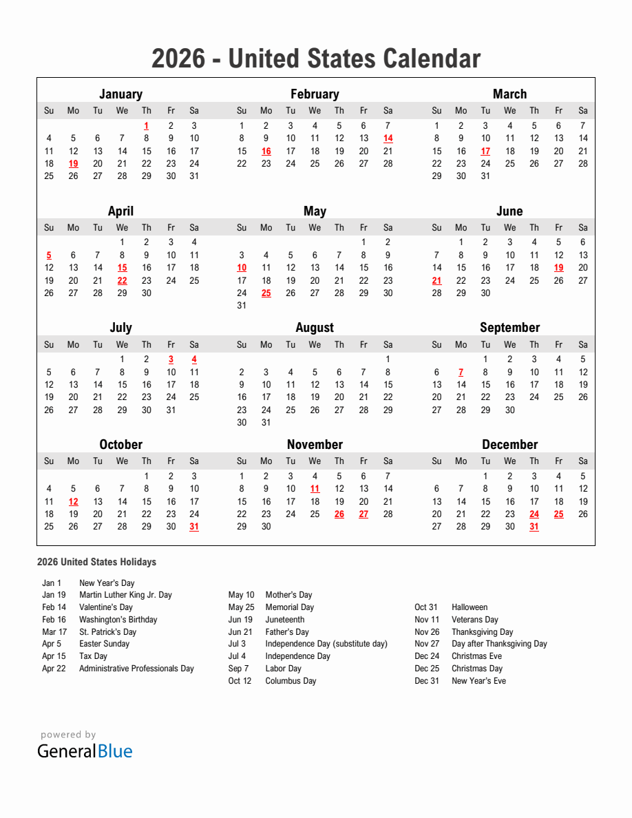 Year 2026 Simple Calendar With Holidays in United States